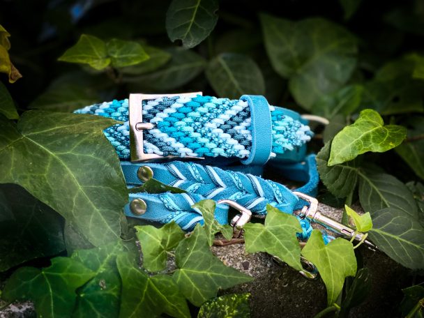 Halsband und passende Leine mit Verzierung.